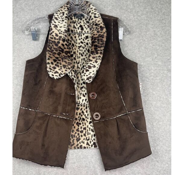 NWT Lisa International REVERSIBLE cheetah leopard & brown‎ vest, S, faux suede - Picture 2 of 16